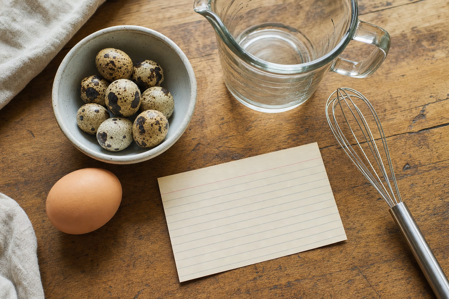 Speckled quail eggs beside a chicken egg, measuring cup, whisk, and recipe card on a wooden kitchen table