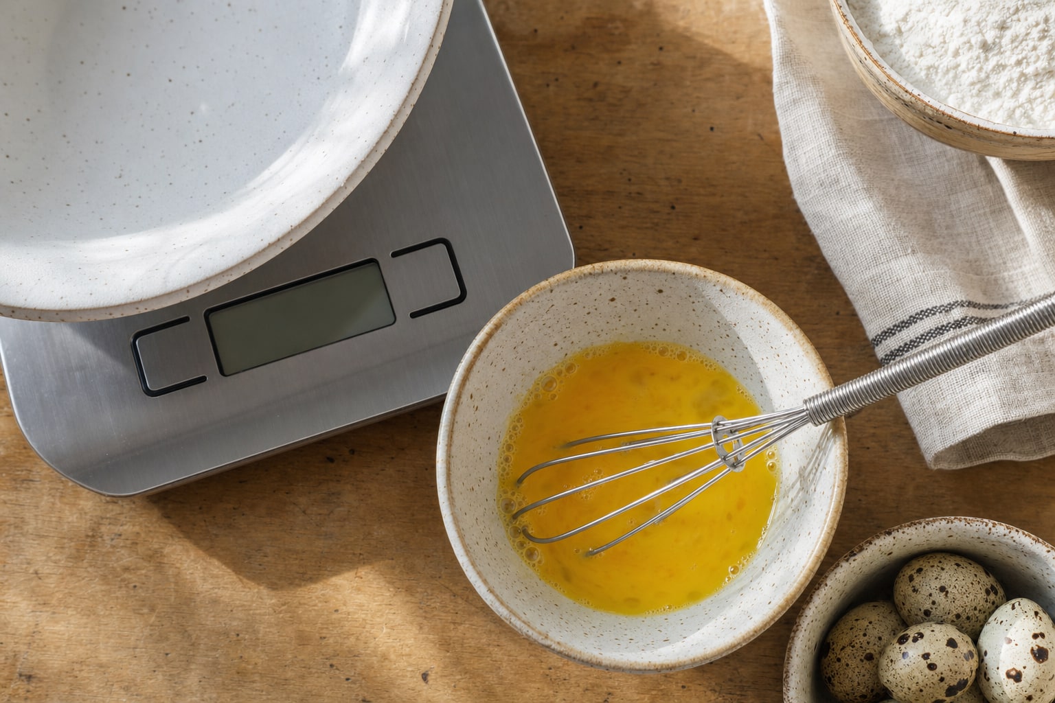 Whisked quail eggs in a bowl beside a kitchen scale and extra speckled eggs