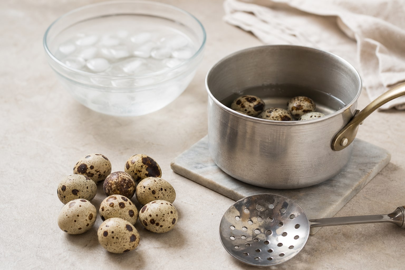 Speckled quail eggs beside a saucepan, slotted spoon, and ice bath