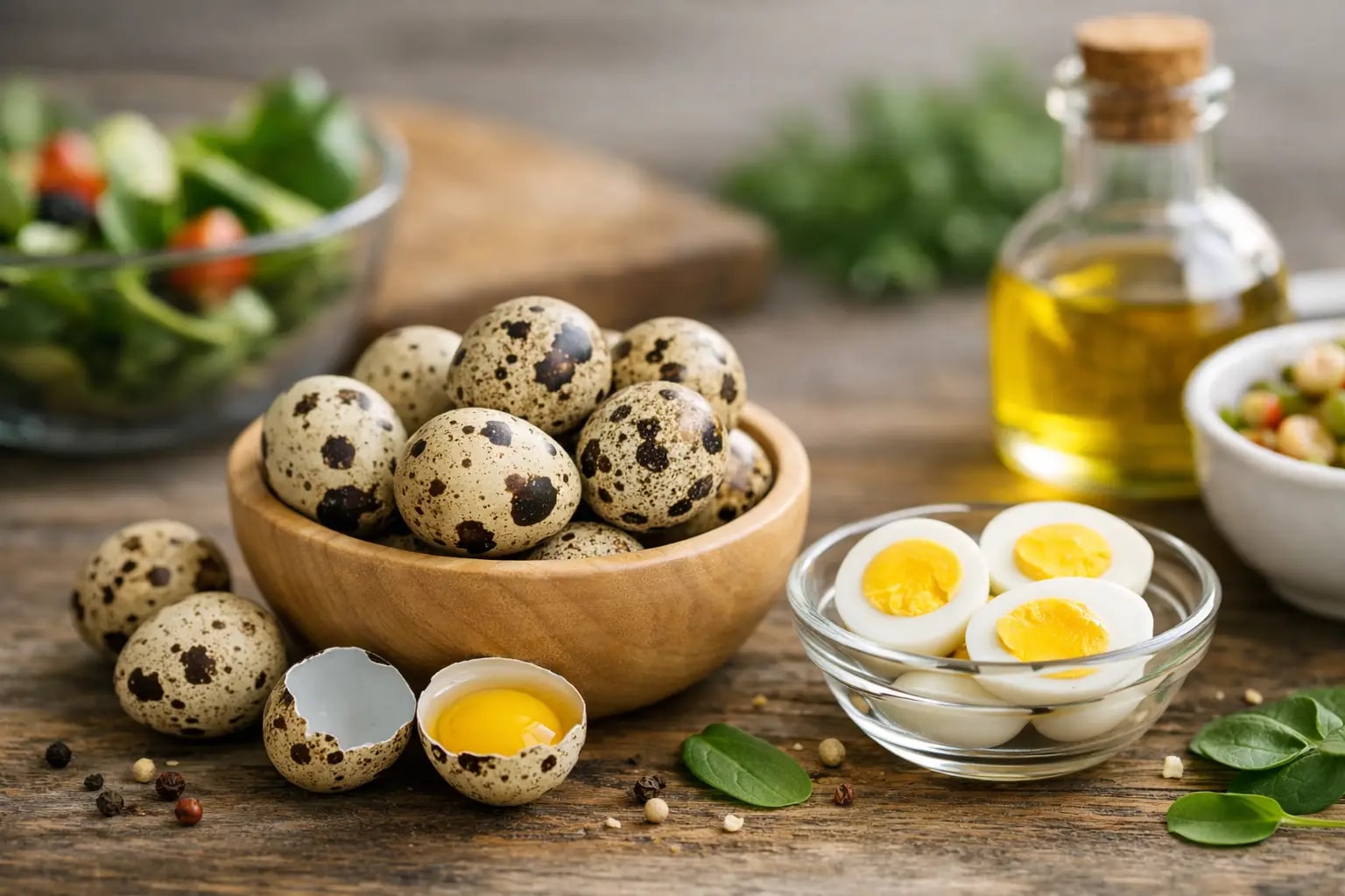 Speckled quail eggs in a wooden bowl with halved cooked eggs and fresh greens