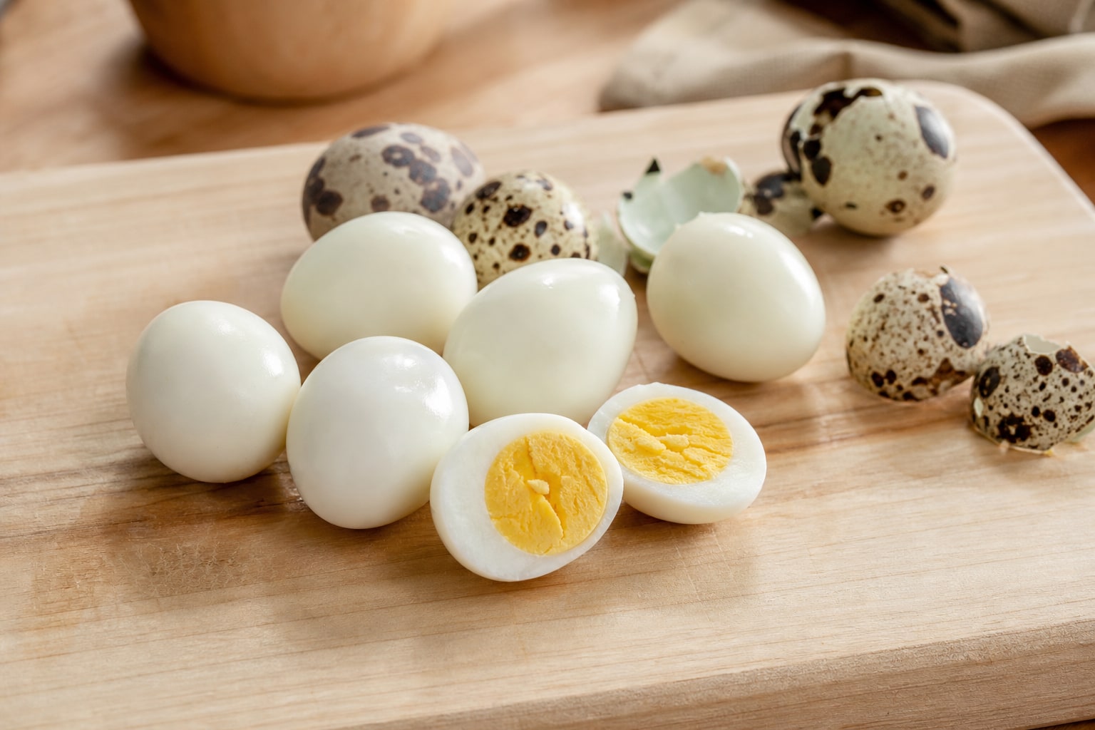 Peeled and halved hard-boiled quail eggs on a wooden cutting board