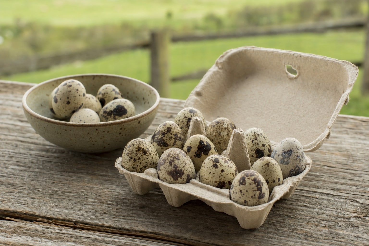 Speckled quail eggs in a small carton