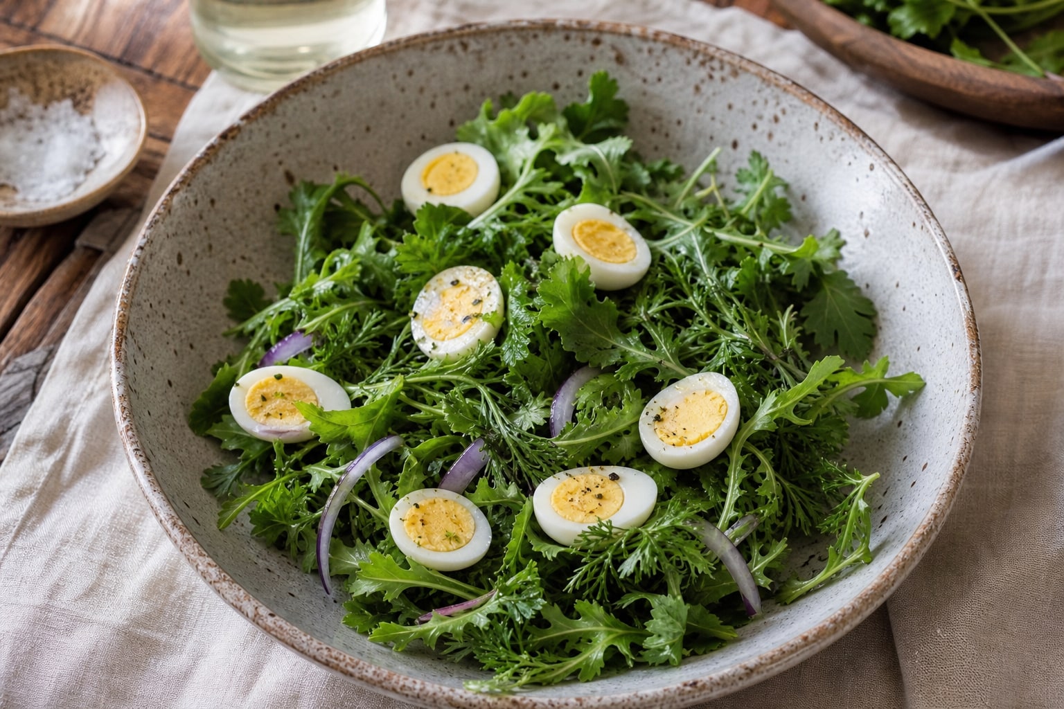 Leafy salad topped with halved hard-boiled quail eggs