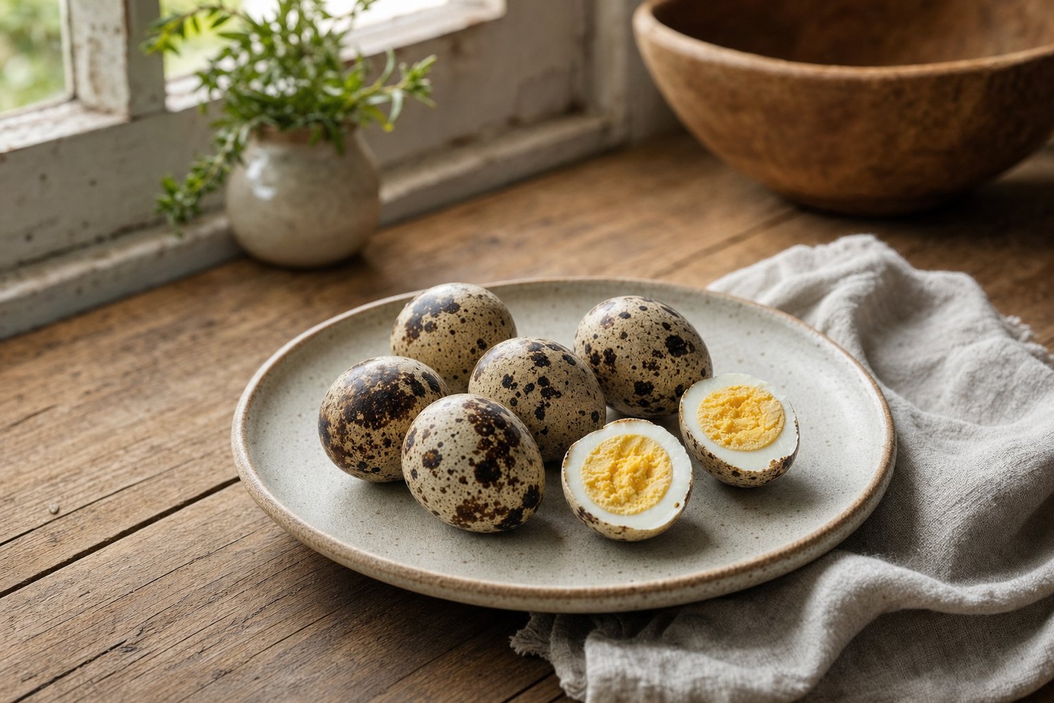 Cooked and whole speckled quail eggs on a ceramic plate
