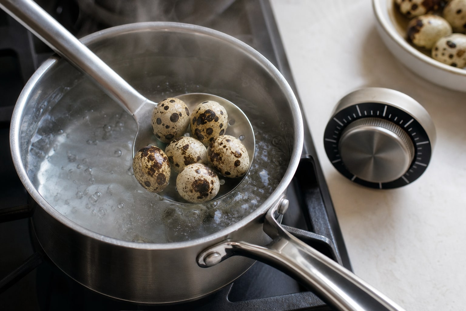 Quail eggs being lowered into a saucepan of boiling water with a slotted spoon