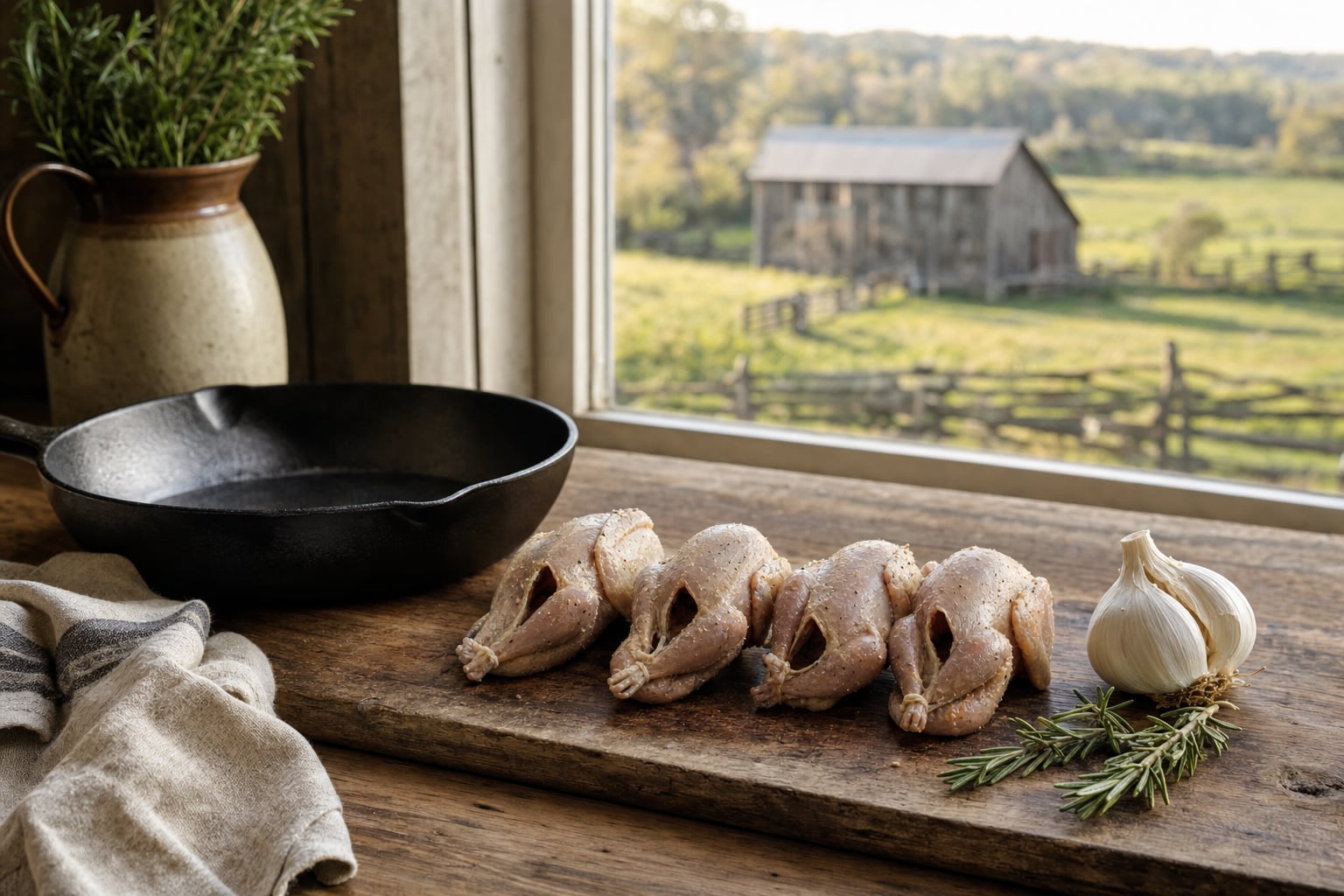 Four whole quail ready for cooking with rosemary and garlic on a wooden board