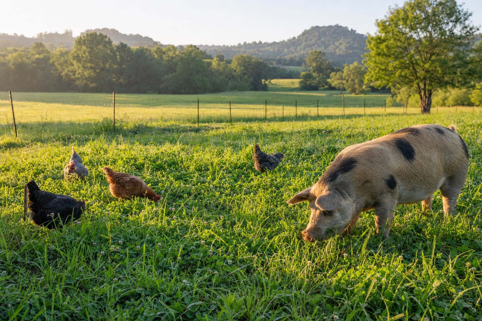 Hens and a heritage pig grazing in a diverse green pasture