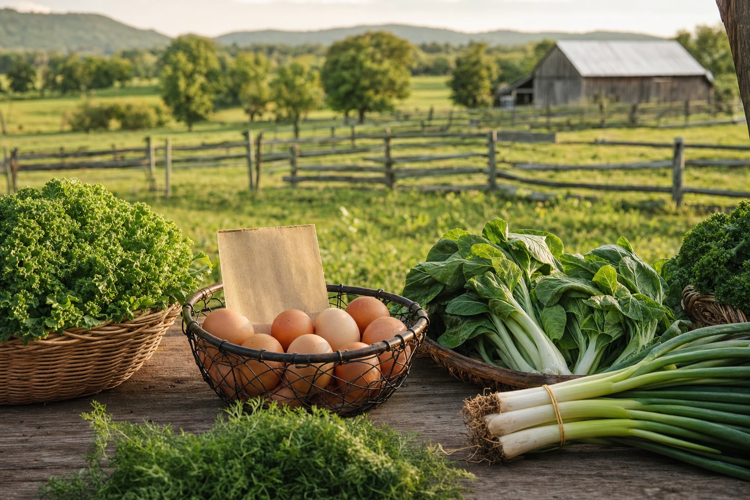Farmstand with eggs and seasonal vegetables