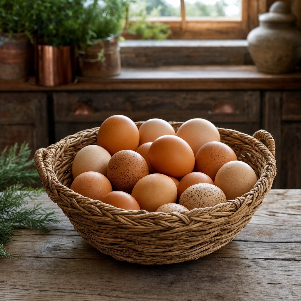 Basket of fresh farm eggs on a rustic kitchen table