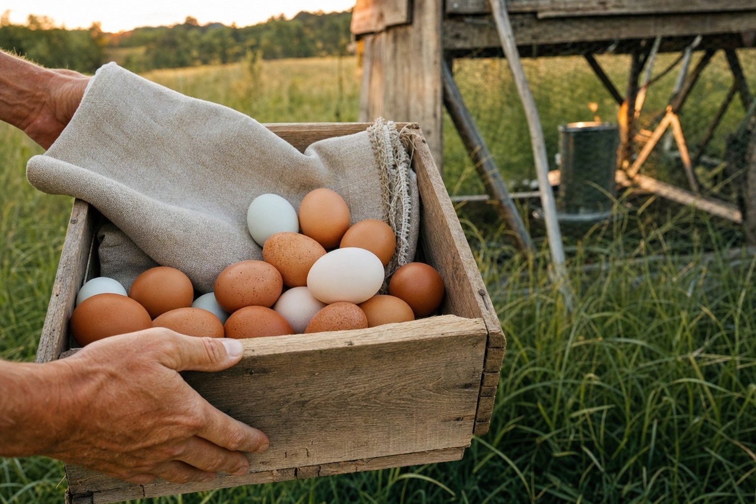 Fresh farm eggs carried in a wooden crate through the pasture