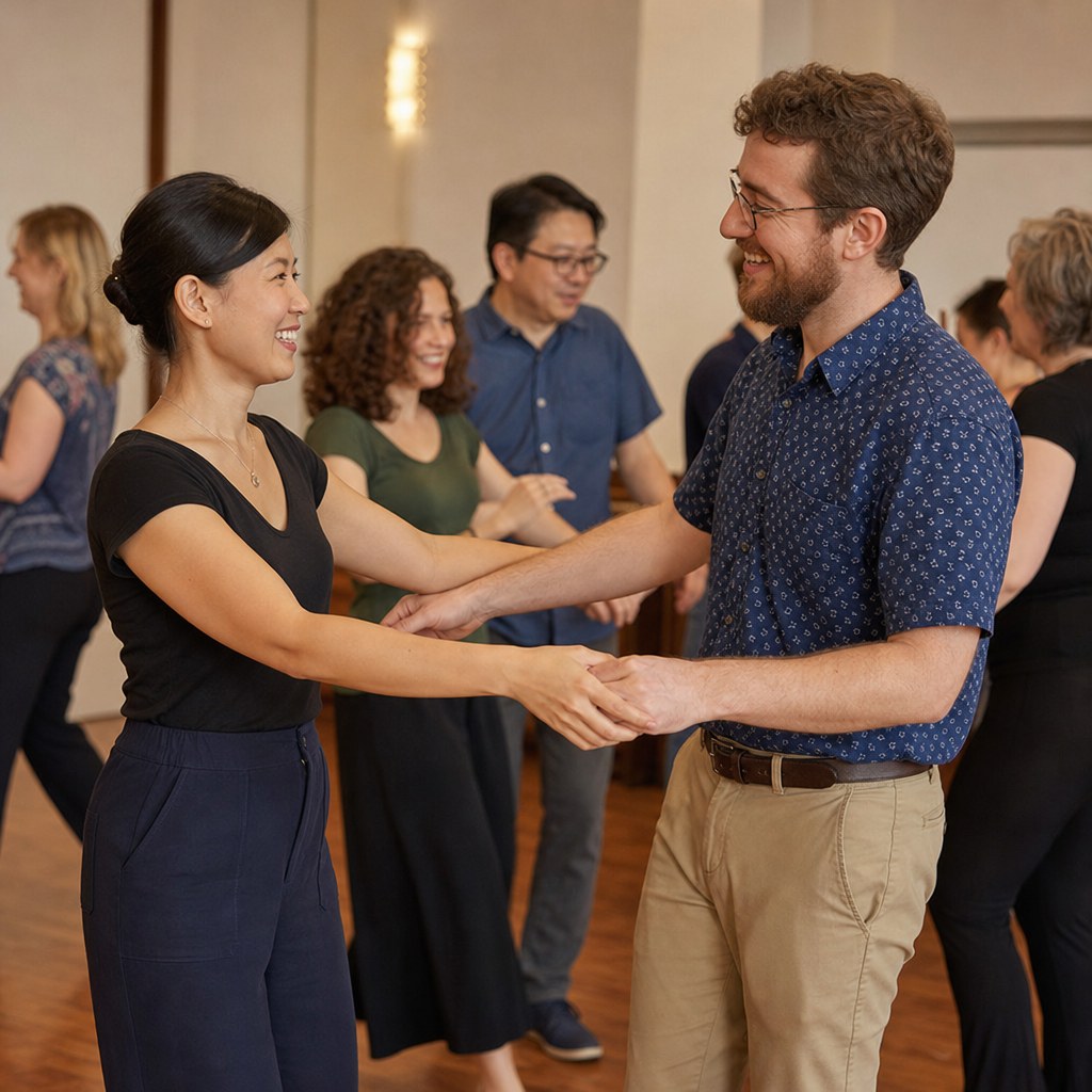 Dance partners sharing a welcoming swing dance connection
