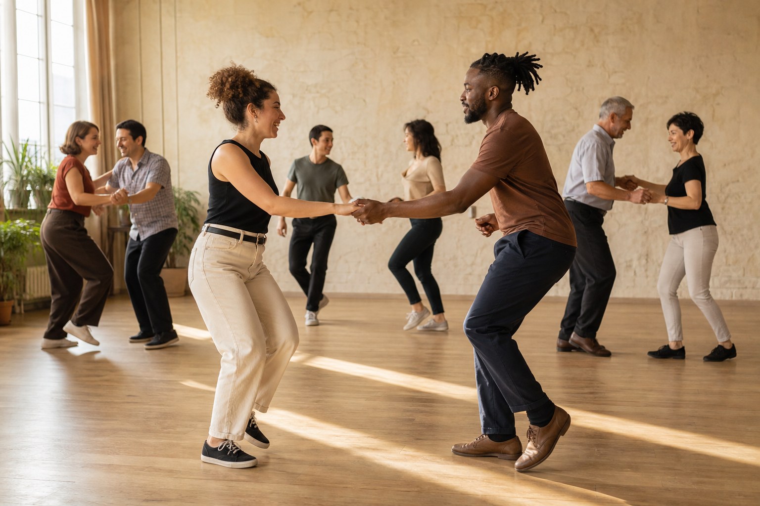 Adults learning swing dance in a community studio