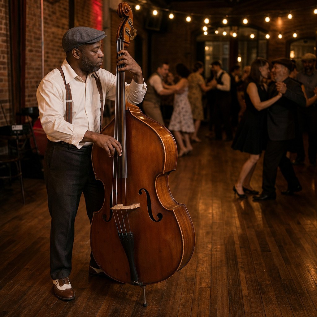 Jazz musician playing upright bass at a small community dance event