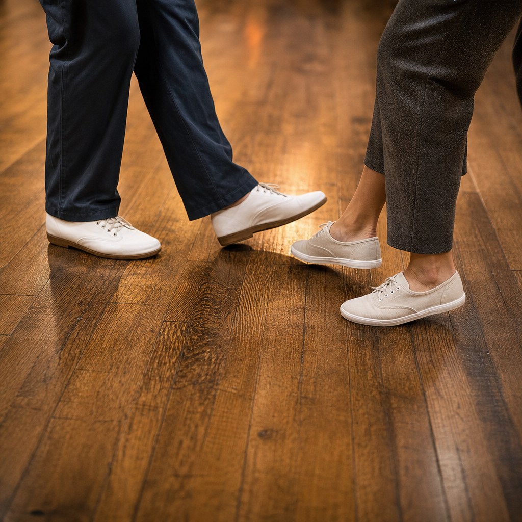 Dancers practicing grounded rhythm steps on a wooden floor