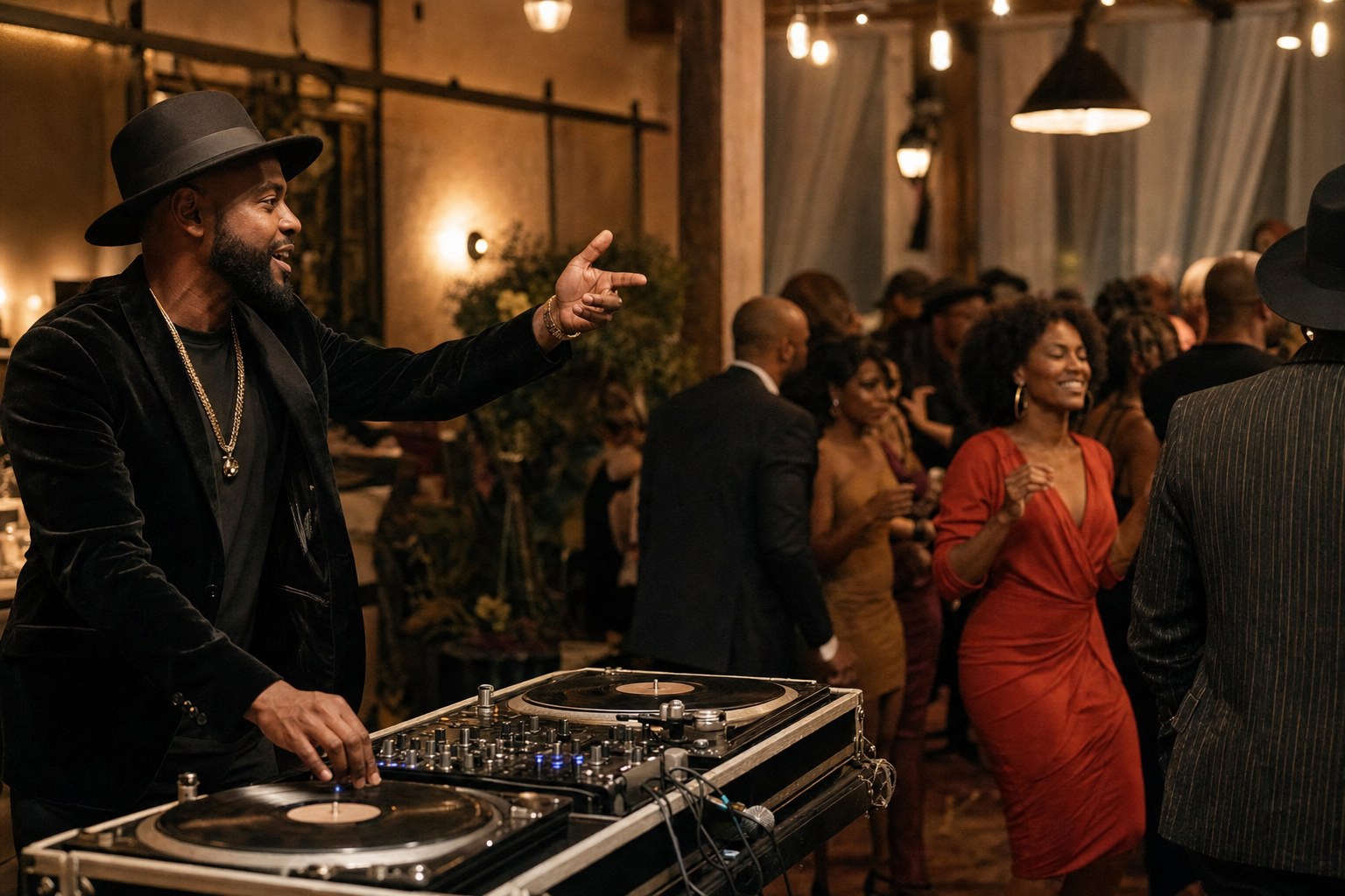 A DJ hosts a warm, lively dance floor