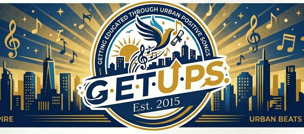 G.E.T.U.PS. graphic with musical notes, a skyline, and the program logo