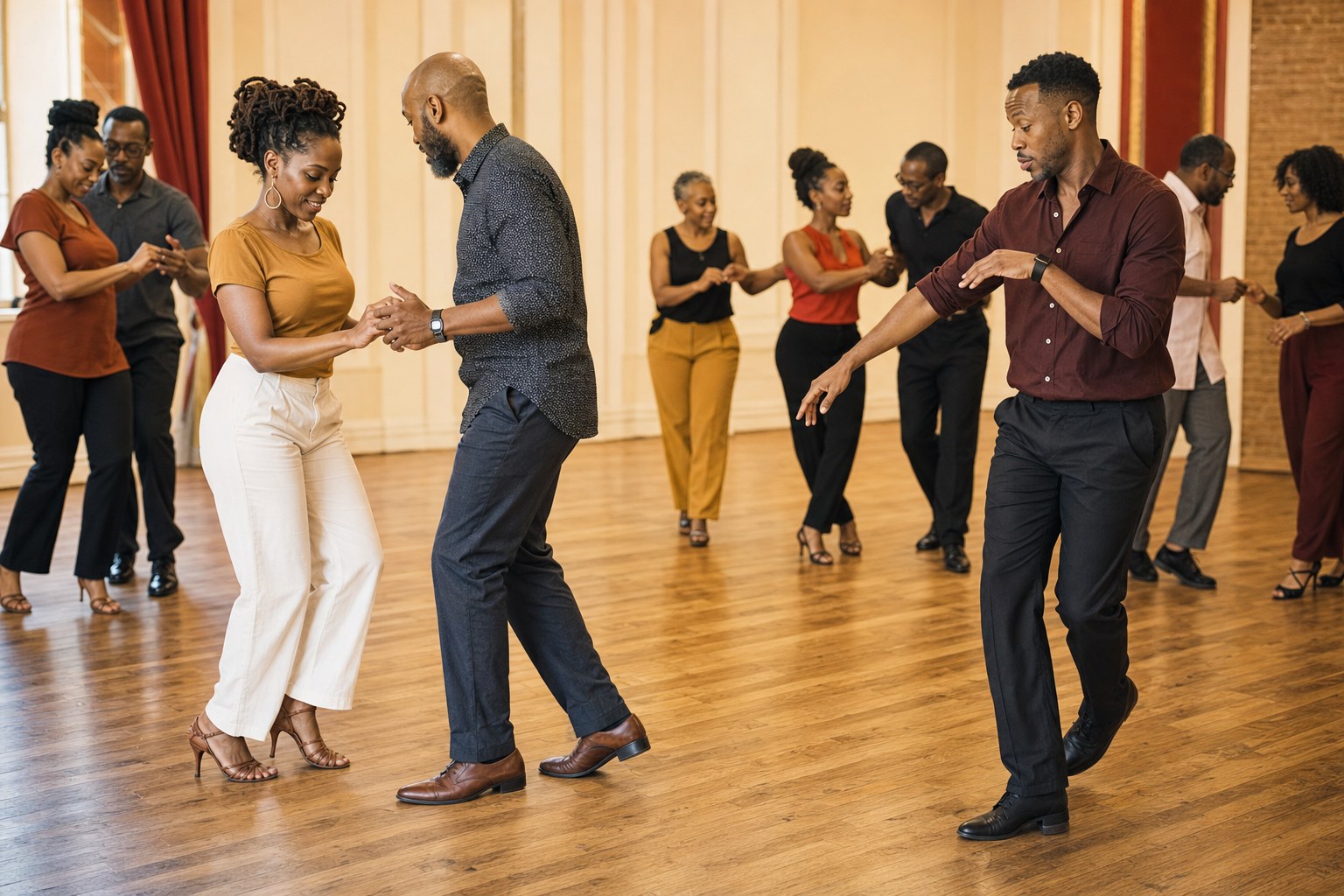 Adults learning DFW Swingout steps in a dance studio
