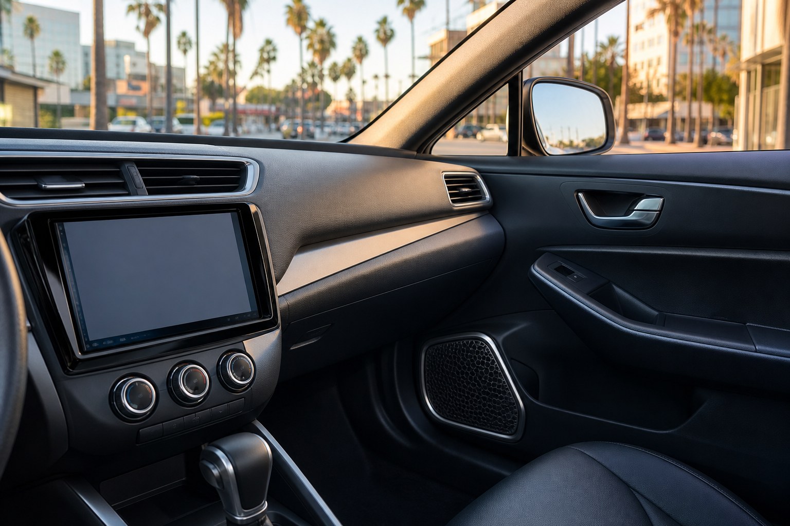 Modern car interior with an aftermarket touchscreen stereo and door speaker