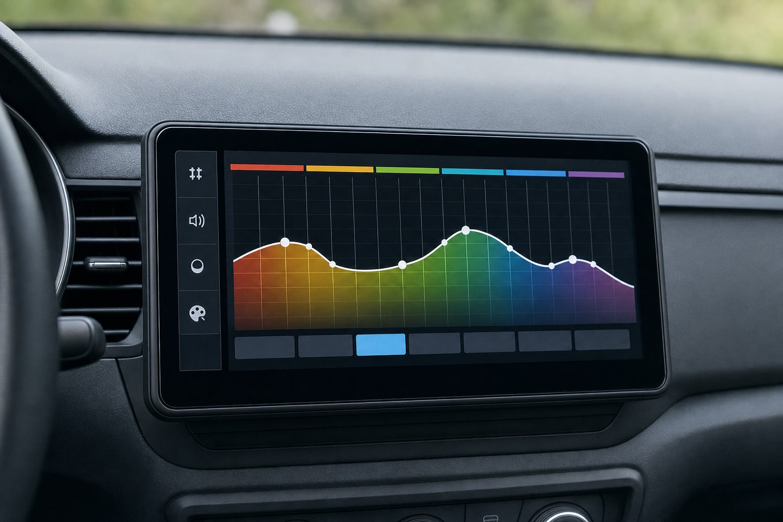 Aftermarket stereo showing a colorful equalizer display
