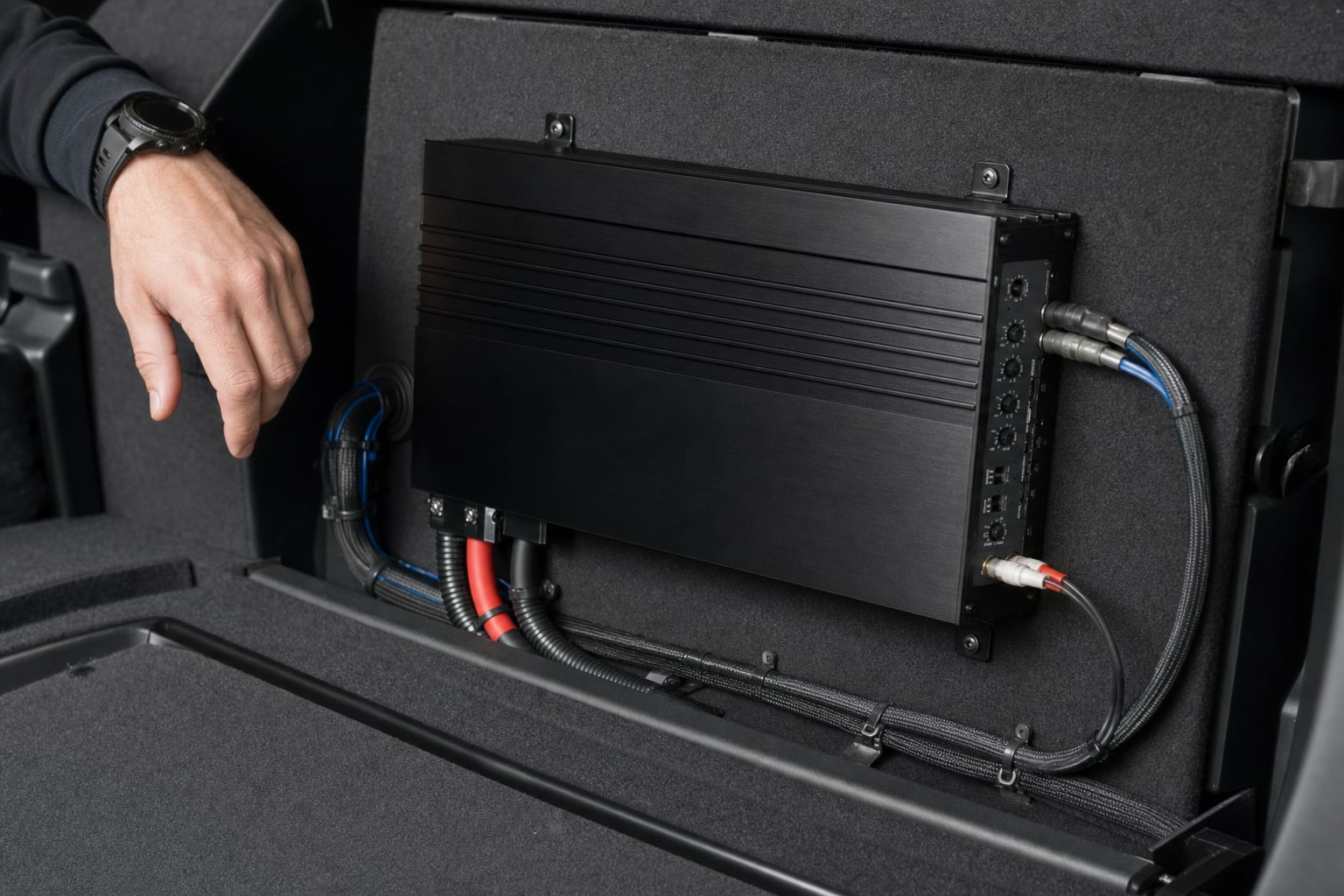 Car audio amplifier mounted neatly in a vehicle cargo area