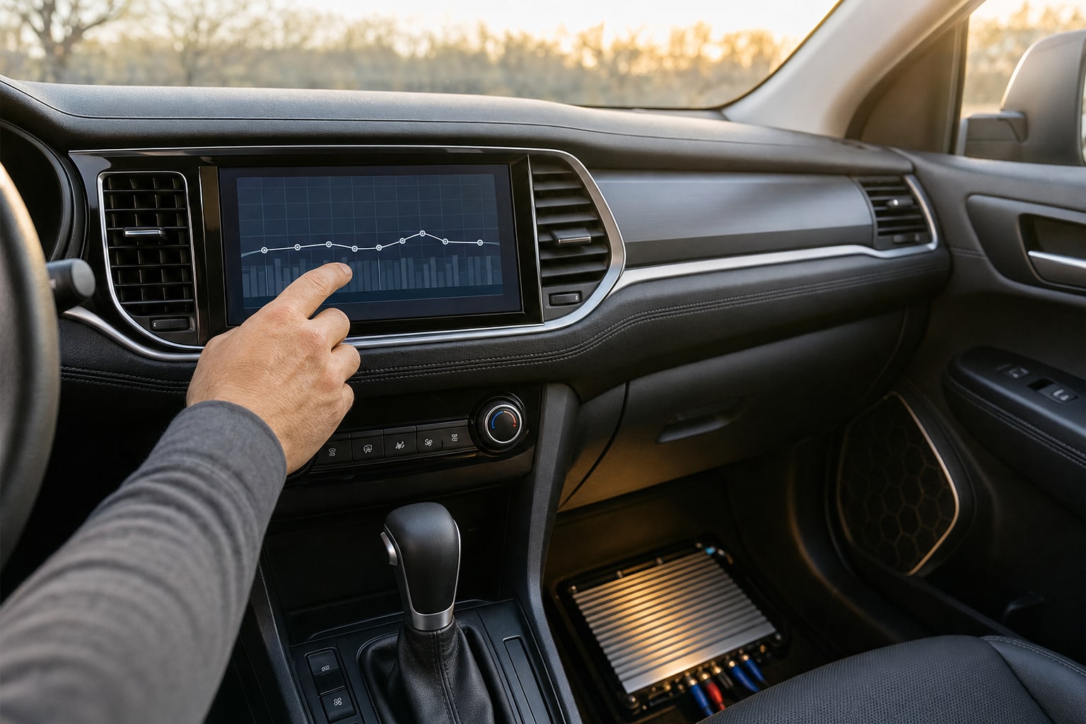 Driver adjusting the equalizer on a clean aftermarket car stereo