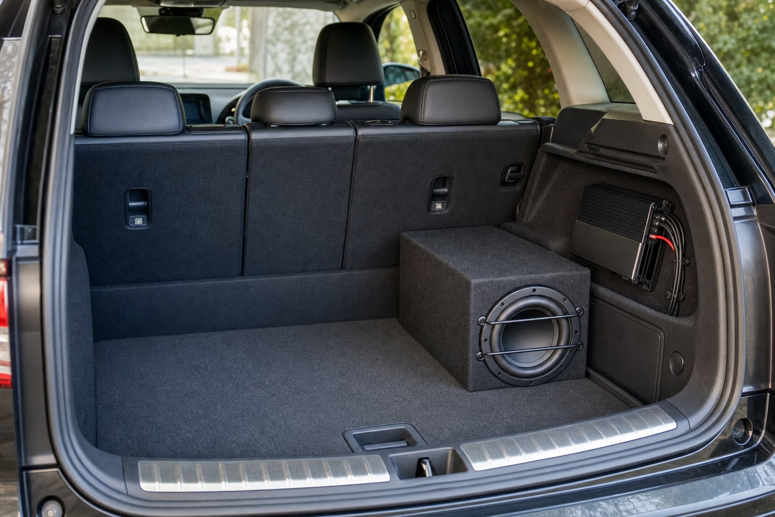 Compact subwoofer and amplifier installed neatly in an SUV cargo area