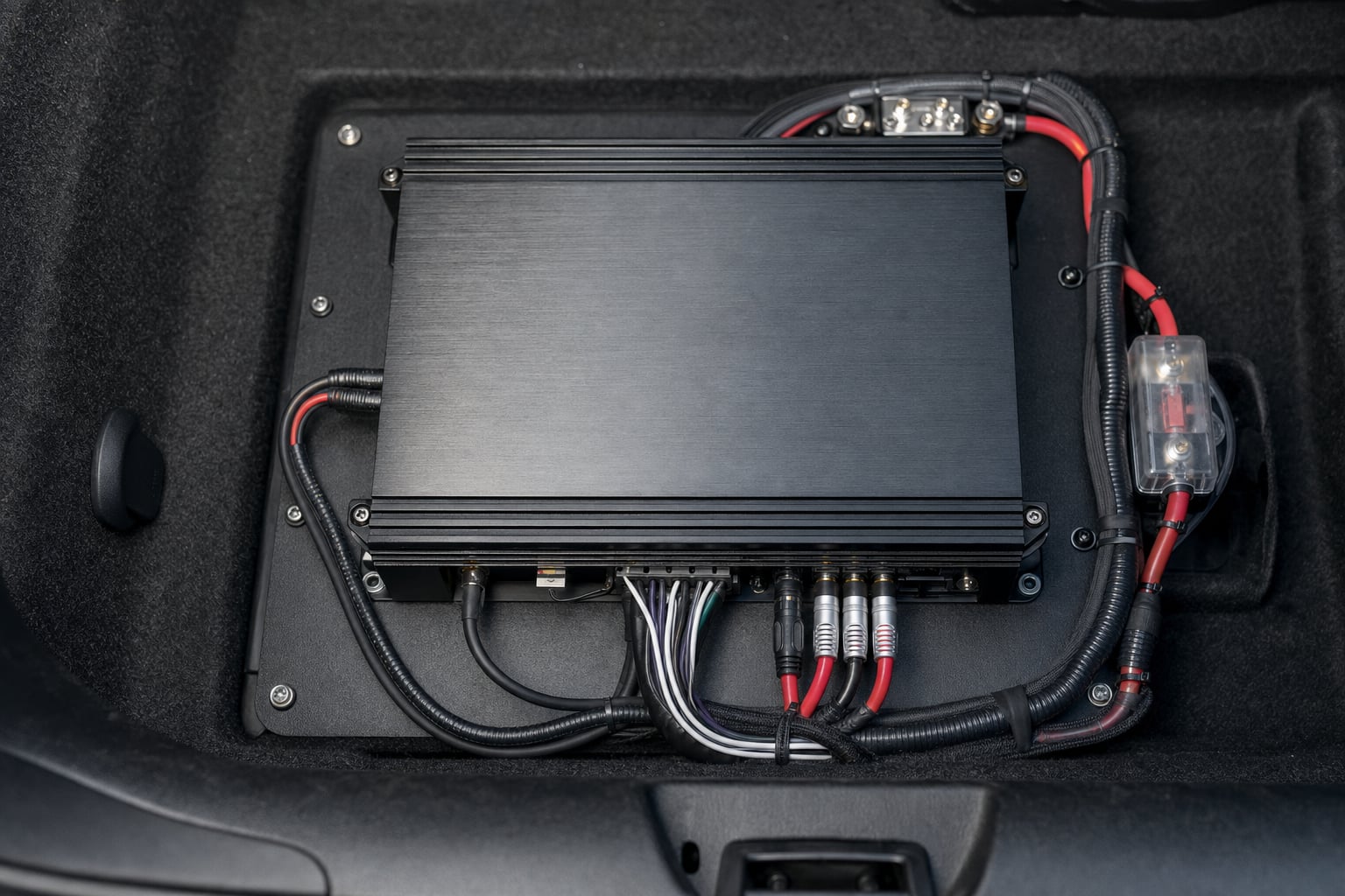 Car audio amplifier mounted with tidy protected wiring