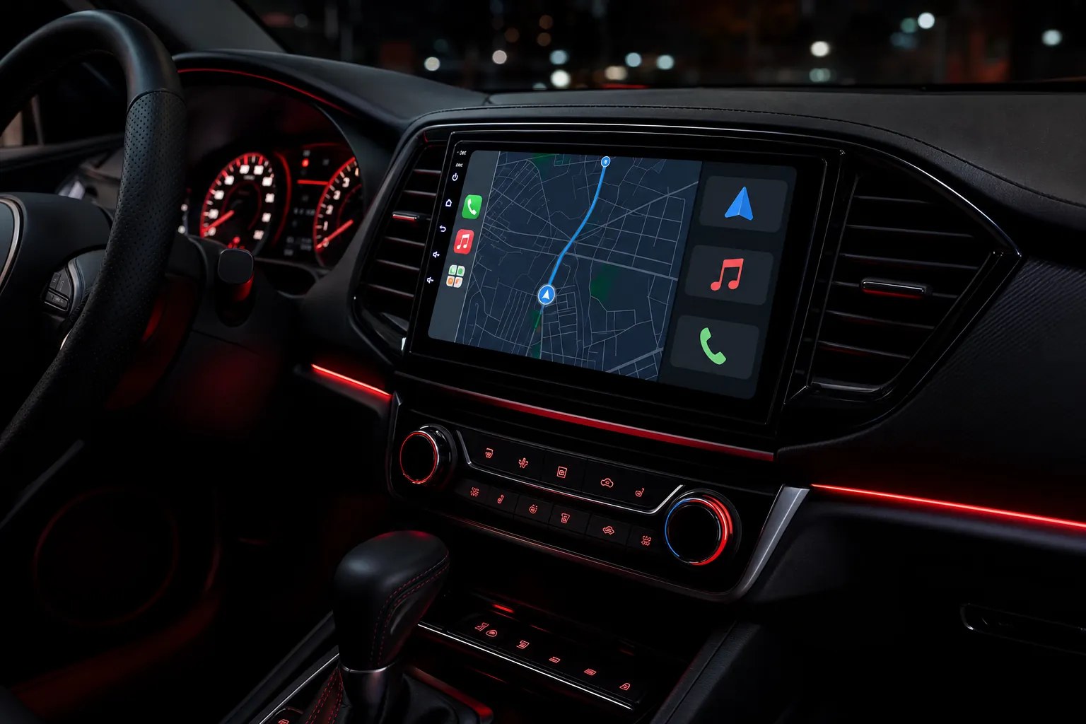 Aftermarket touchscreen stereo integrated cleanly into a vehicle dashboard
