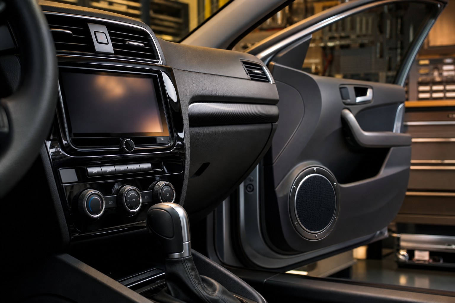 Clean aftermarket touchscreen stereo and door speaker installation