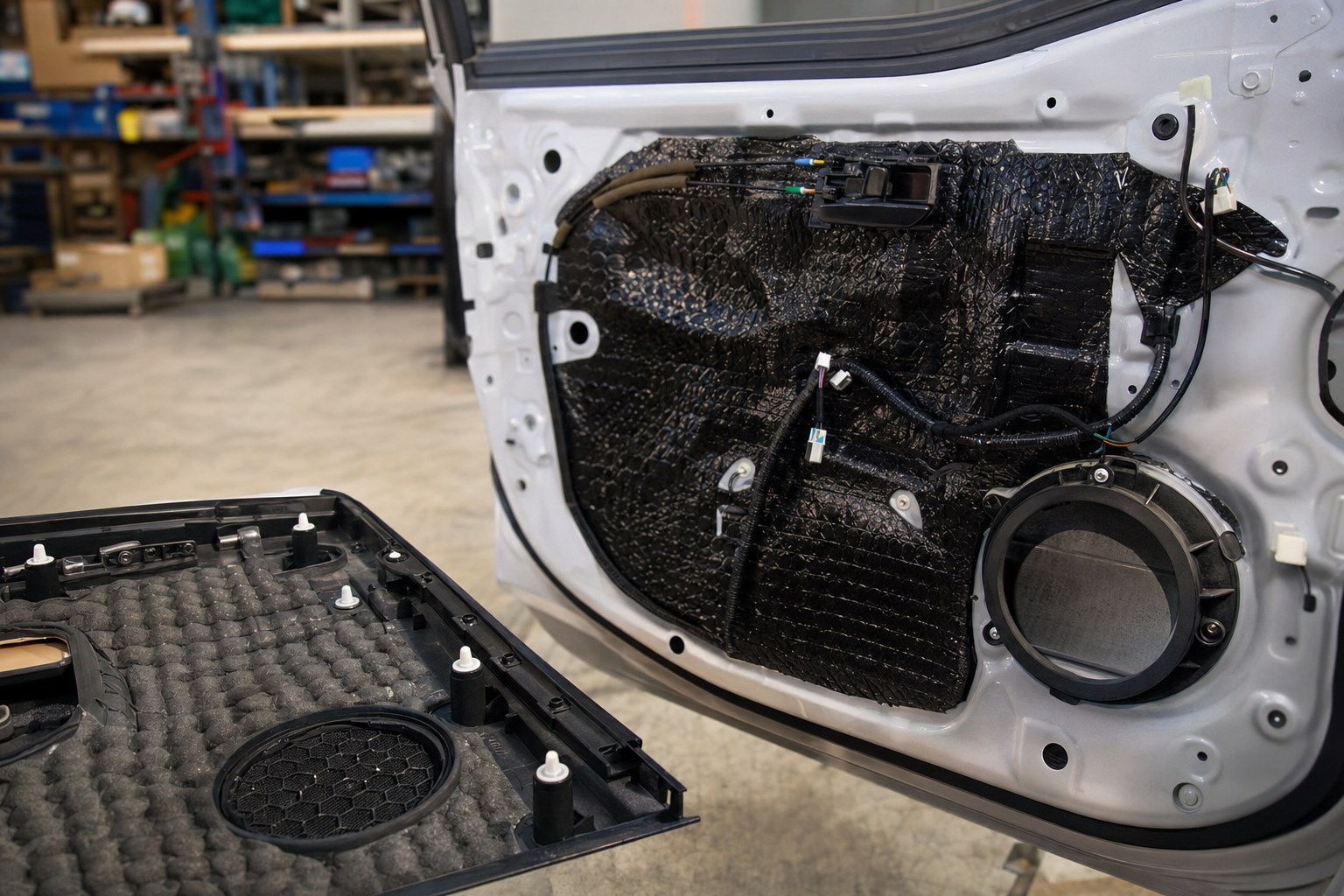 Inner vehicle door fitted with sound-deadening material around the speaker opening