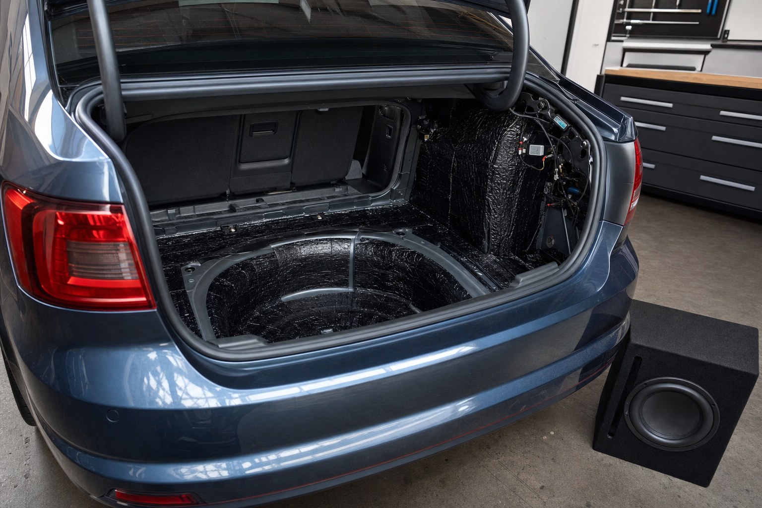 Vehicle trunk prepared with sound-deadening material for a car audio system