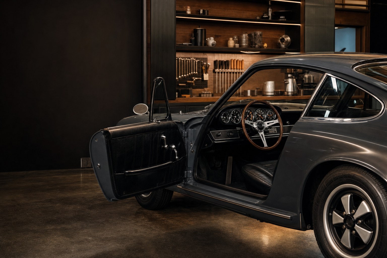 Restored classic European sports coupe in a premium workshop with its original-style cabin visible