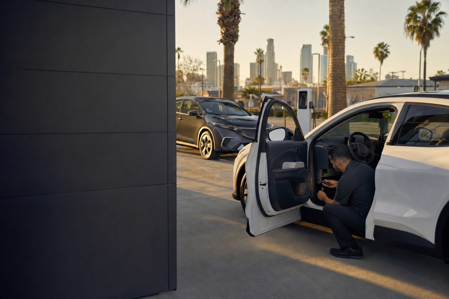 Technician installing vehicle technology in a shared fleet vehicle in Los Angeles