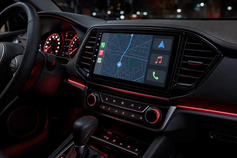 Modern touchscreen with Apple CarPlay navigation and music