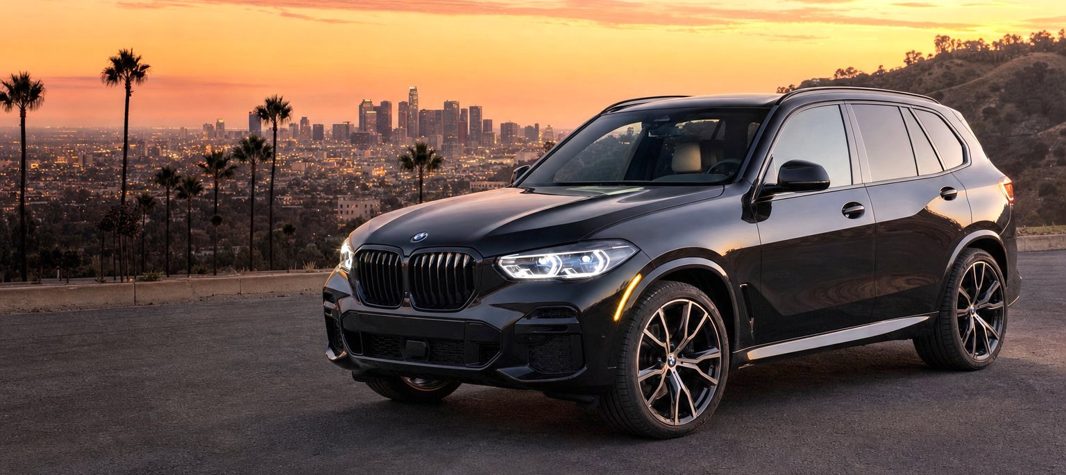 Black BMW SUV overlooking the Los Angeles skyline at sunset, illustrative automotive scene