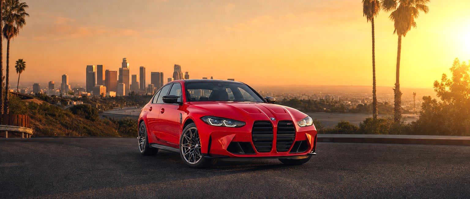 Red sports sedan with the Los Angeles skyline, illustrative automotive scene