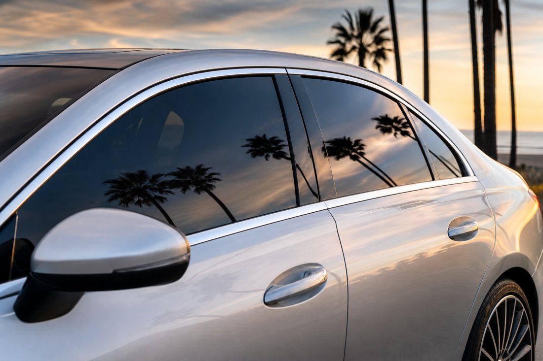 Palm trees reflected in a vehicle's tinted windows