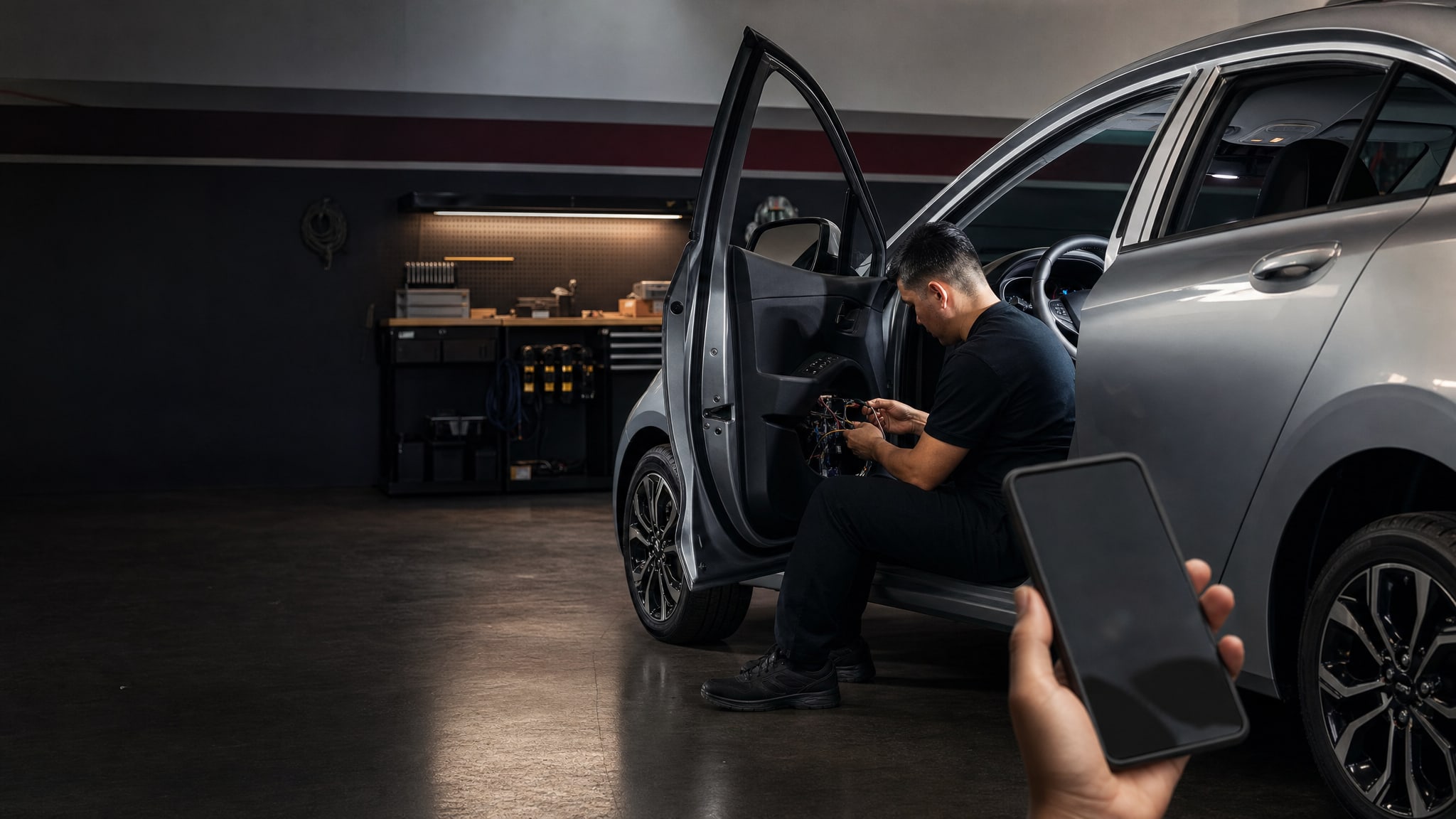 Technician integrating connected vehicle access hardware in a modern vehicle