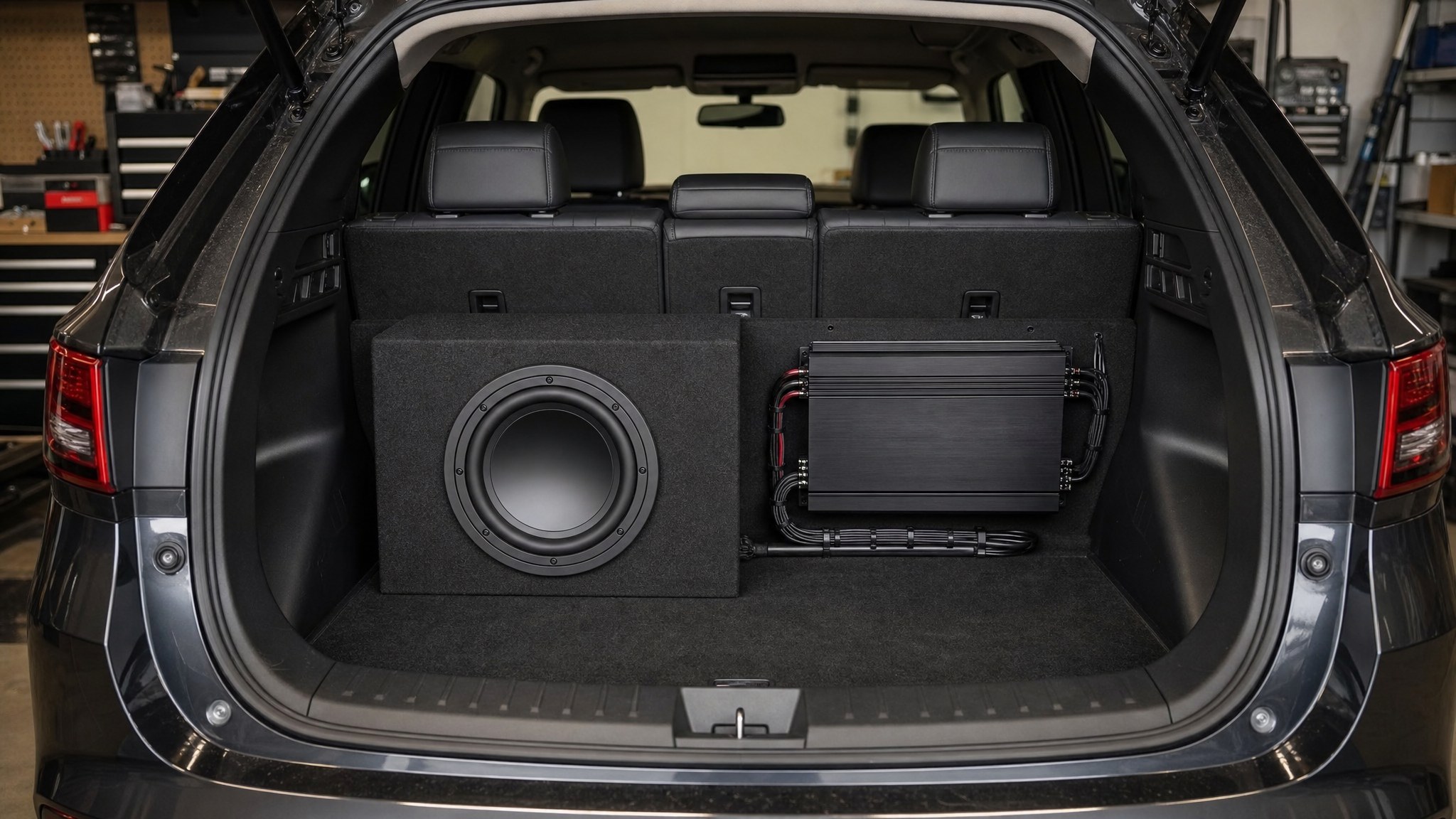 Subwoofer enclosure and amplifier installed neatly in a vehicle cargo area