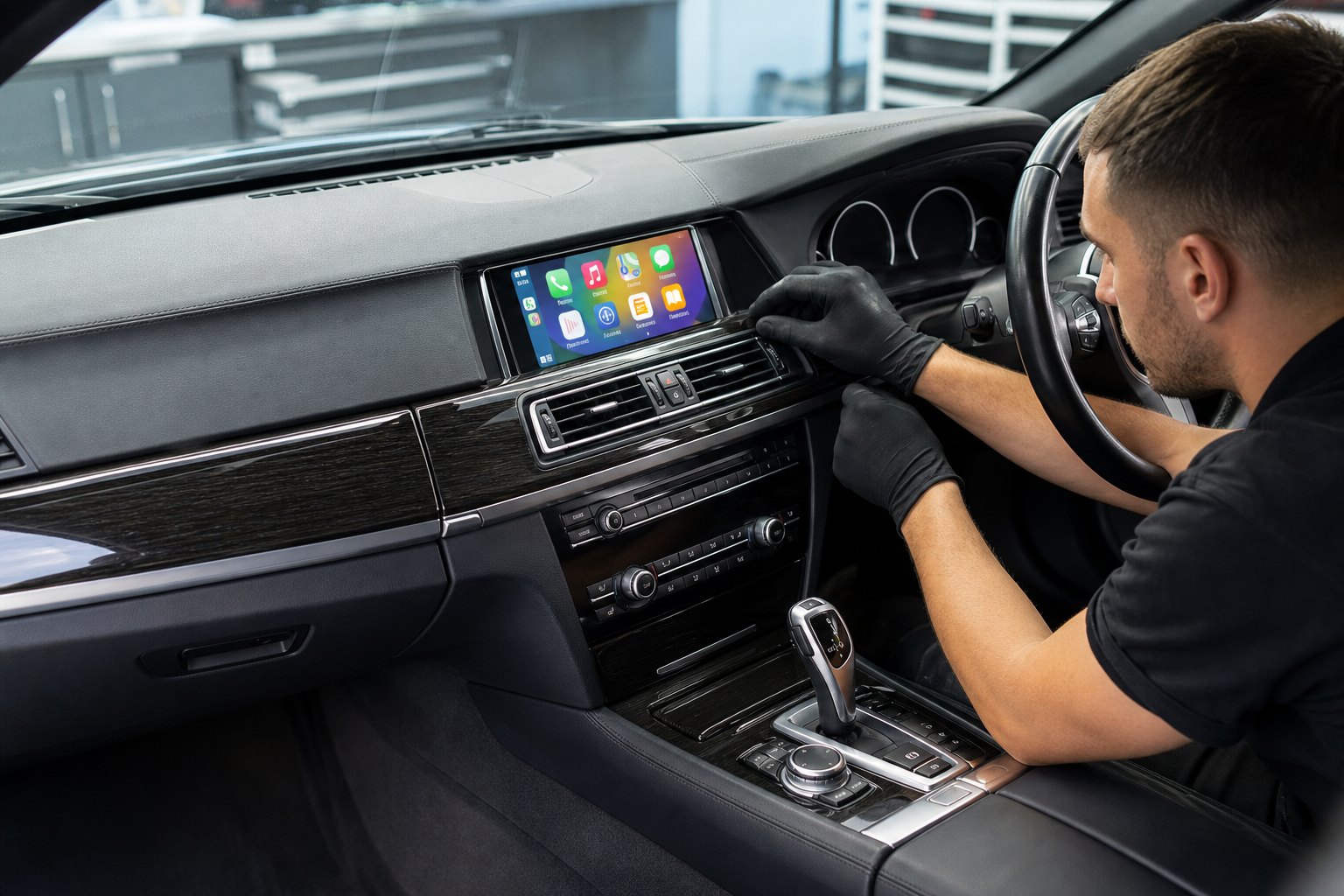 Premium vehicle touchscreen integrated cleanly into a dashboard