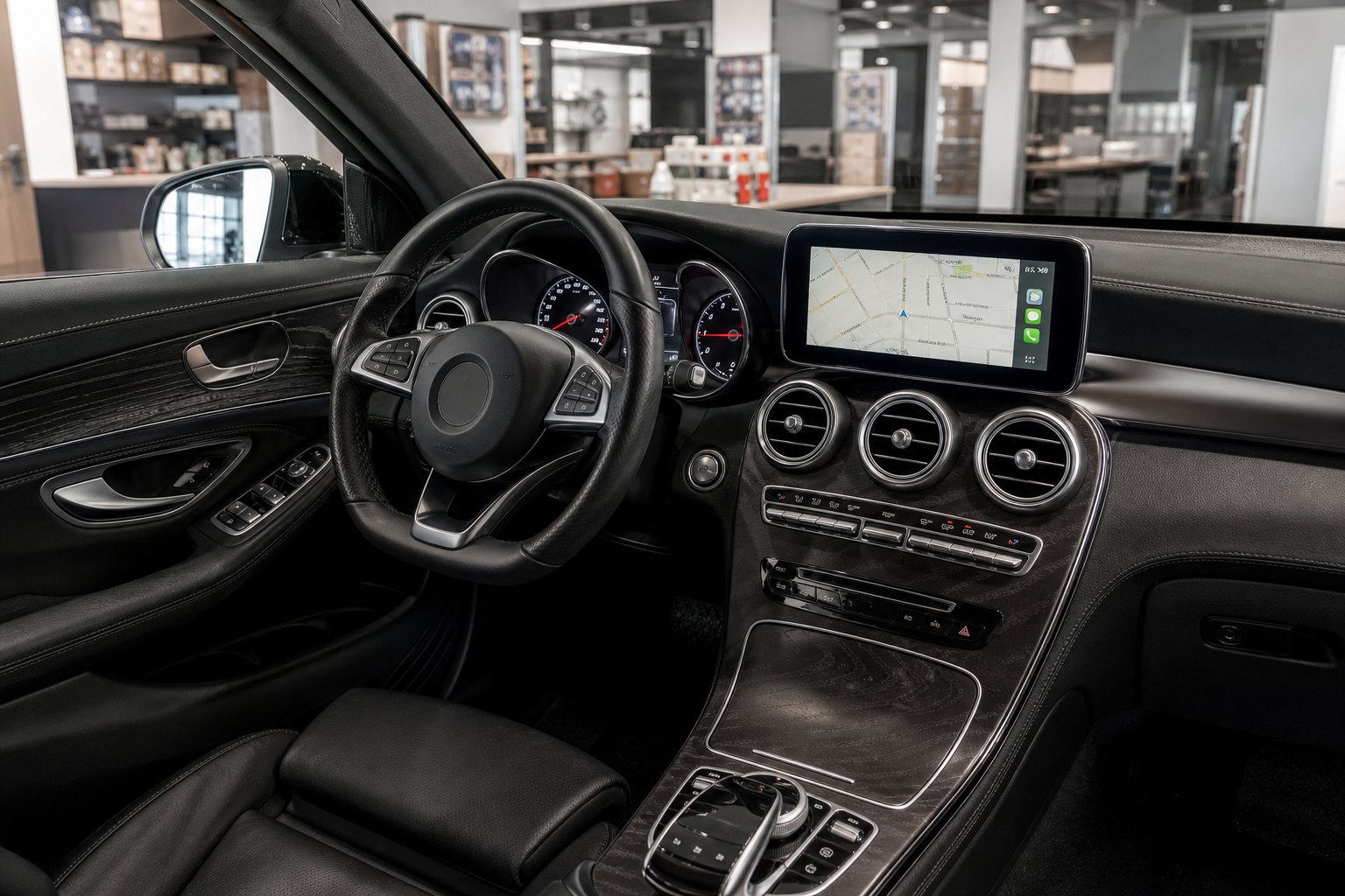 Luxury vehicle dashboard with a cleanly integrated touchscreen display