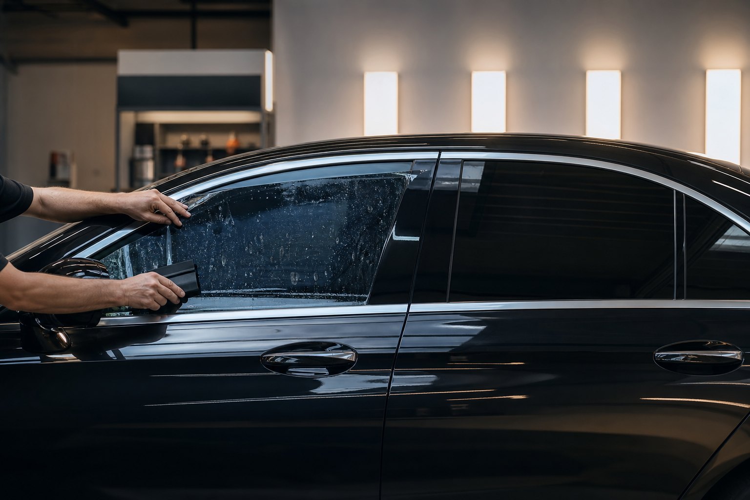 Ceramic window tint being applied cleanly to a vehicle window