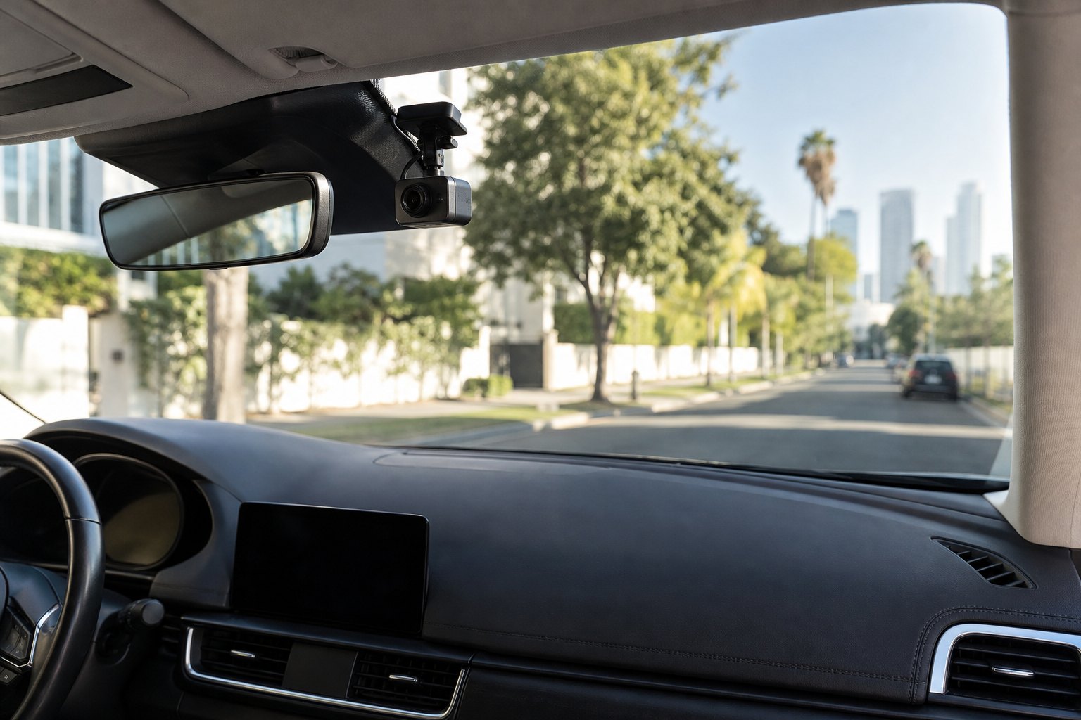 Dash camera mounted discreetly behind a vehicle windshield