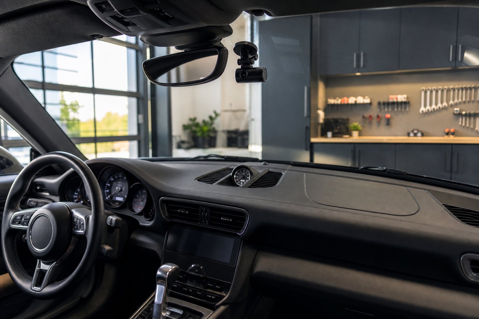 Discreet dash camera mounted behind a performance-car windshield