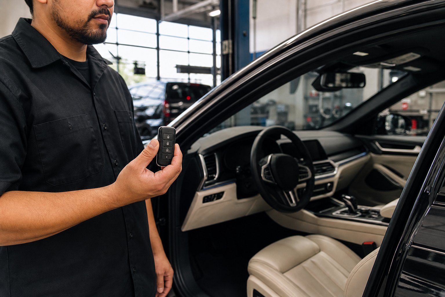 Professional vehicle security installation in a modern car