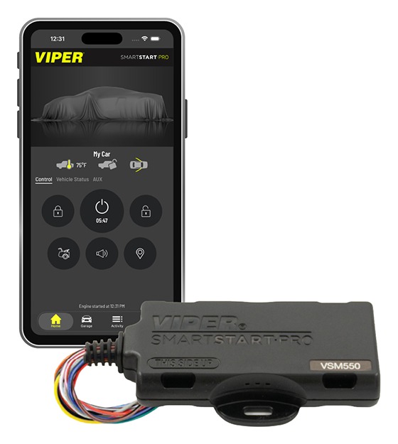 Viper VSM550 SmartStart Pro module beside a phone showing the official app