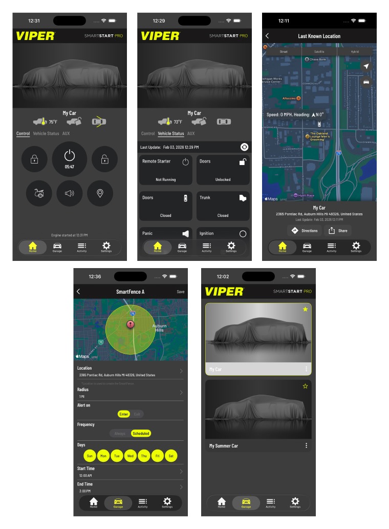 Official Viper SmartStart Pro app screens showing controls, vehicle status and map views