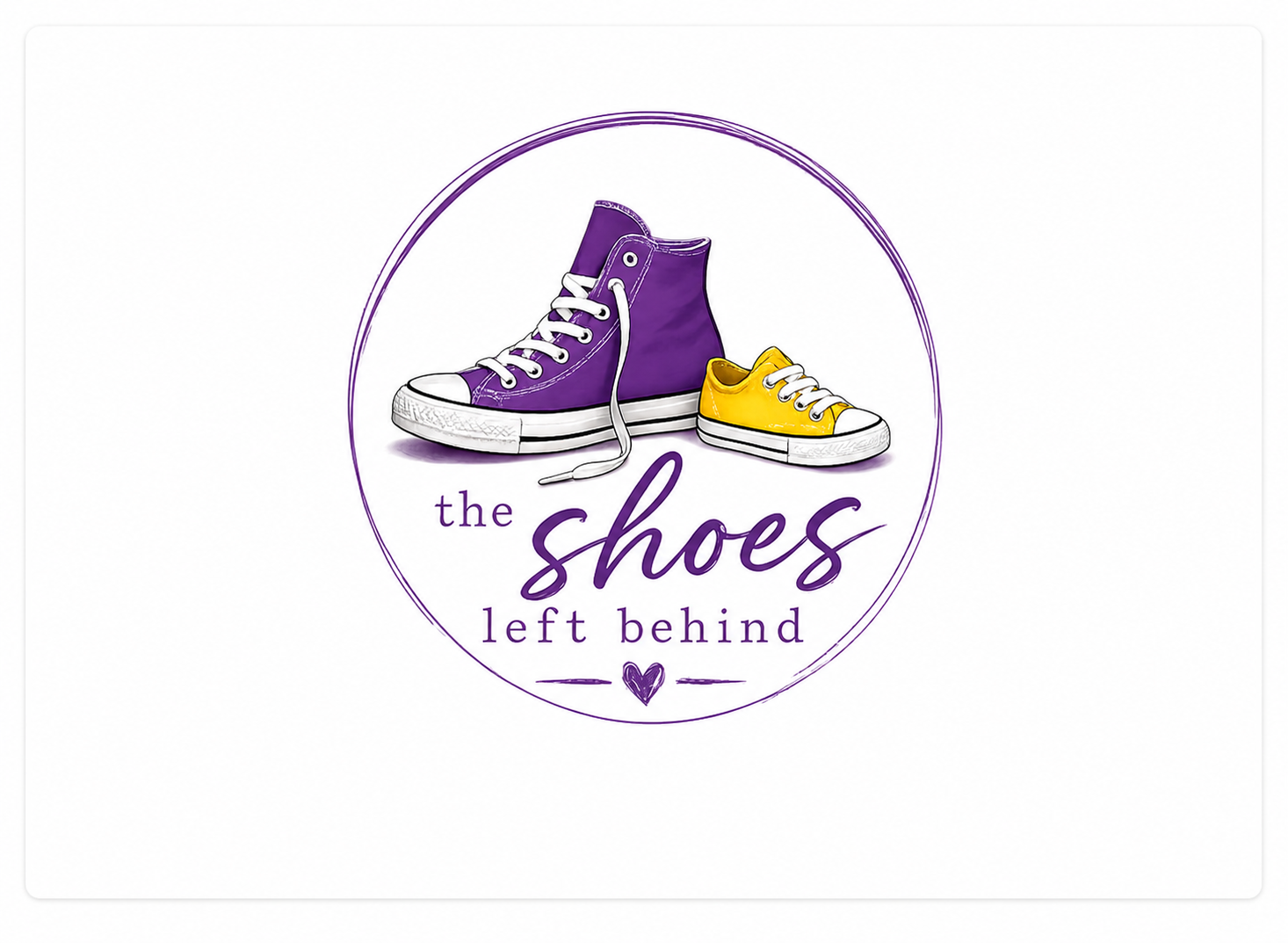 The Shoes Left Behind artwork with purple adult and yellow child tennis shoes