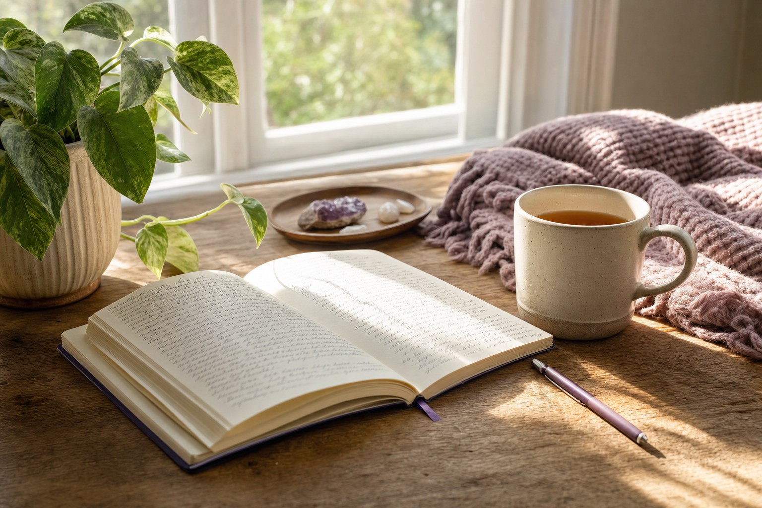 Open journal, tea, blanket, and houseplant in warm window light