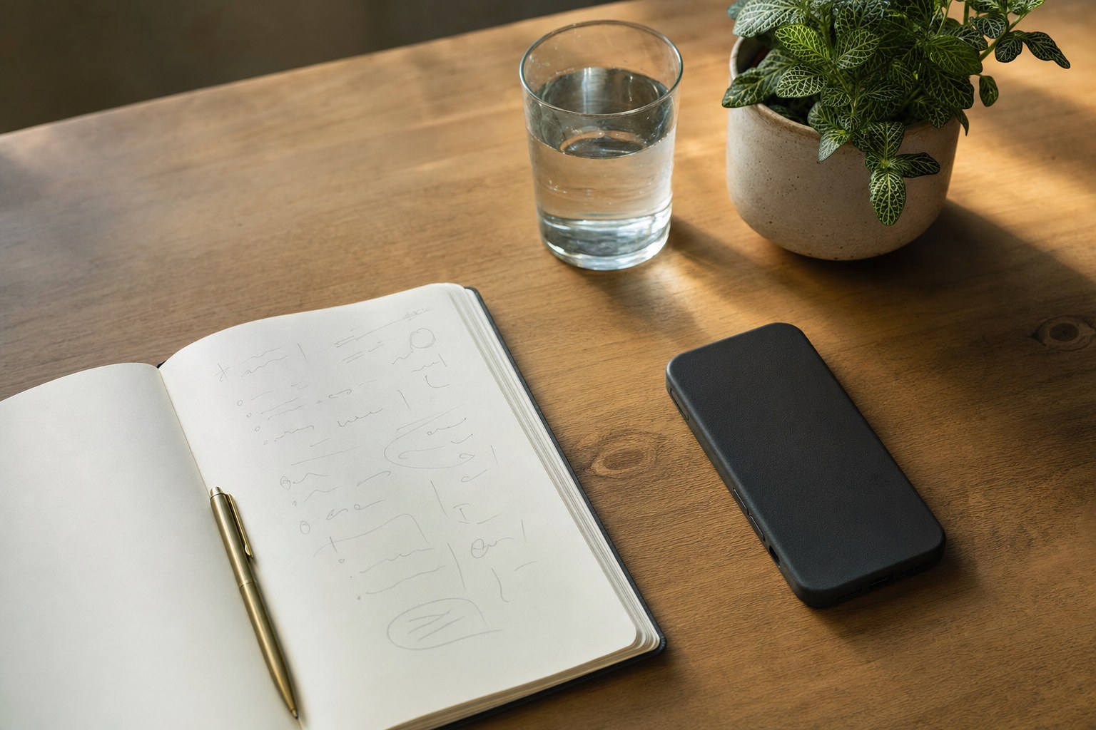 Open notebook, face-down phone, water glass, and houseplant on a wooden desk